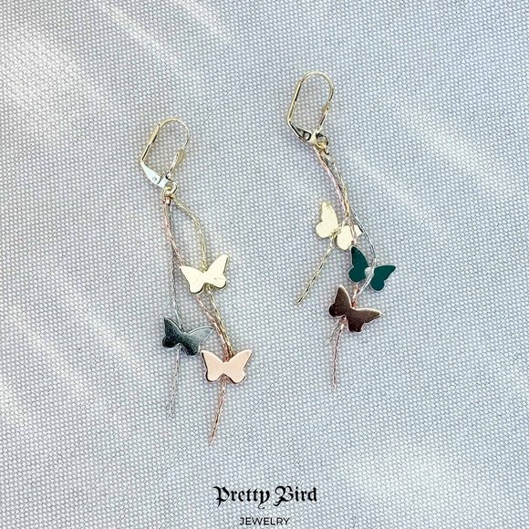 18K Yellow Gold Plated Tri Color Butterfly Drop Earrings - Picture 2 of 2